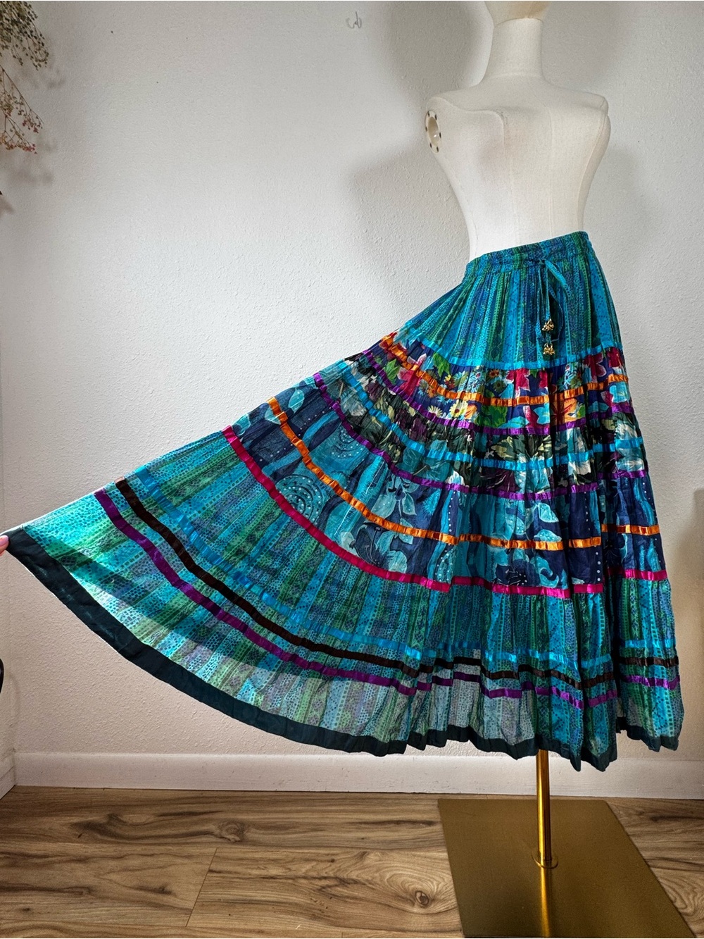 Boho 100% Cotton Tiered Ribbon Broomstick Maxi Skirt Bell Charm PS Blue